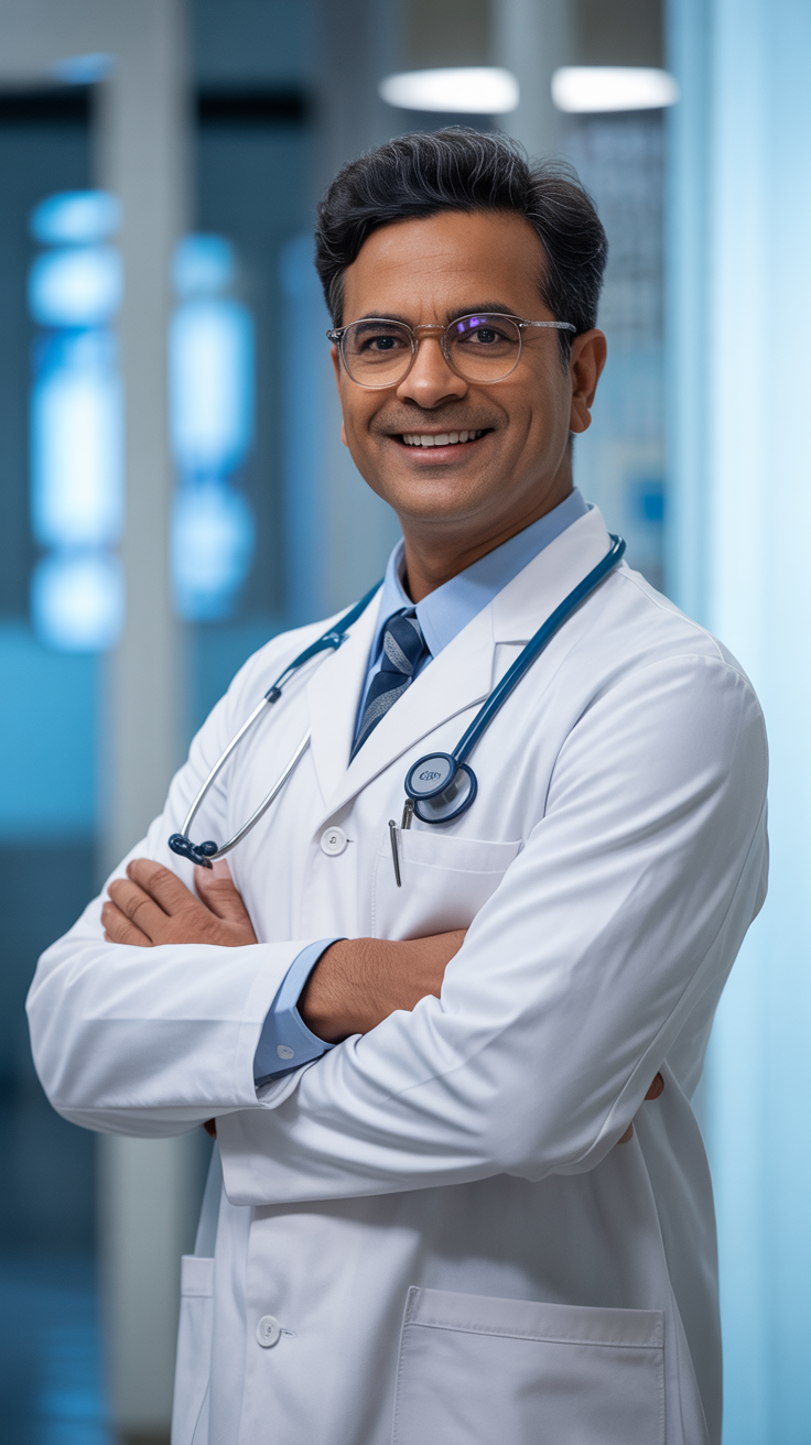 Indian doctor in white coat with stethoscope smiling at the camera